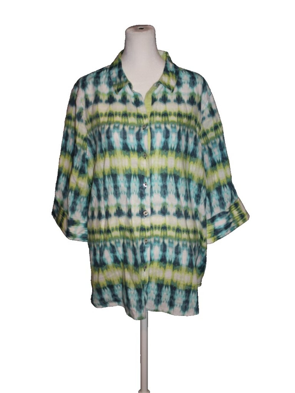 Chico's Size 3 (XL) 16 100% Linen No Iron Watercolor Tie Dye Button Up Blouse